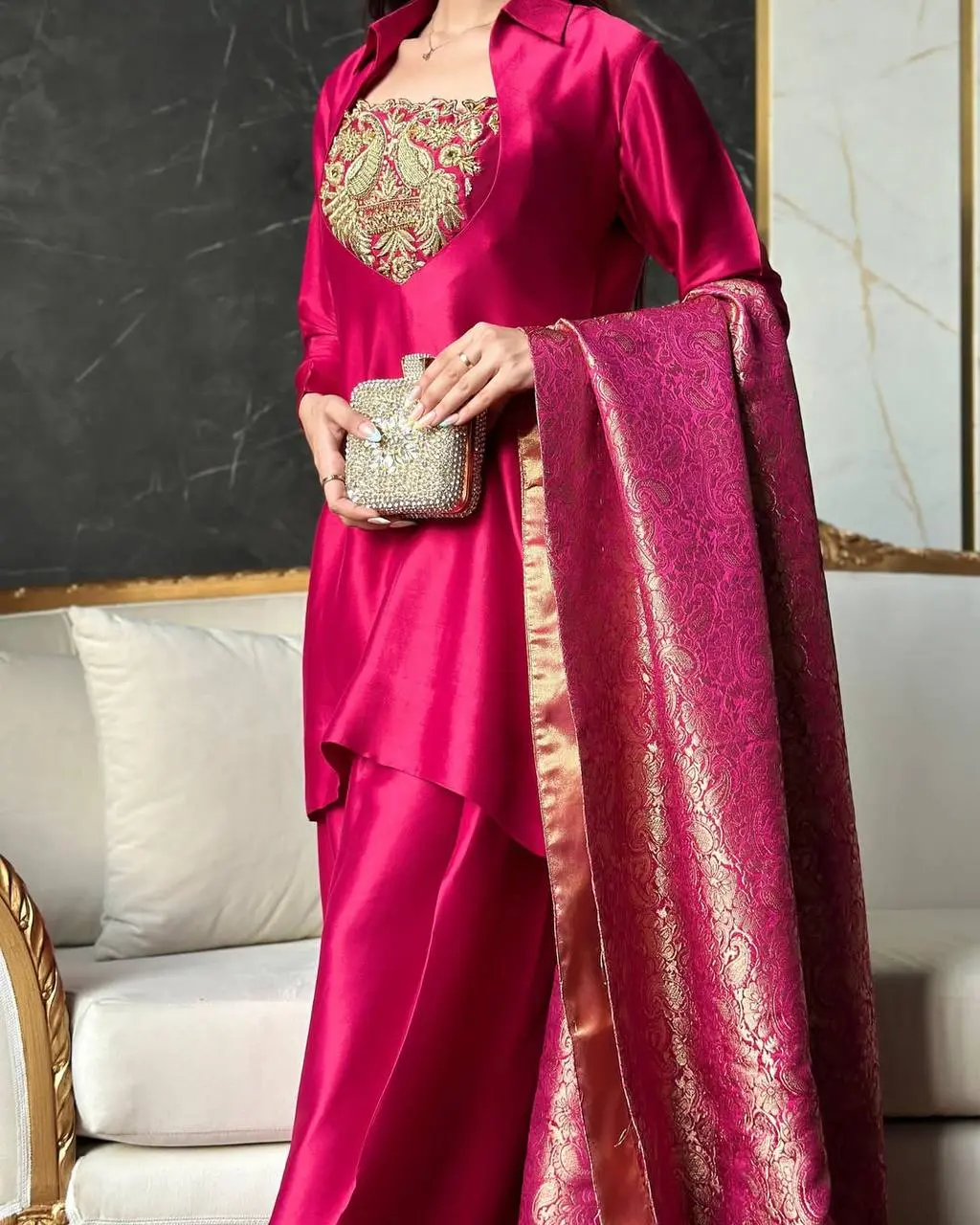 Pinki-MC  Heavy Malay Satin  Top Farshi Salwar suit - Image 4